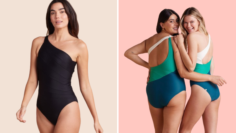 Models wearing different colorways of a one-shoulder bathing suit: One in black, and one in blue, white, and green clockblocked fabric.