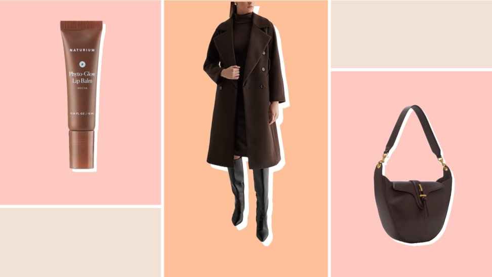 Collage of a lip balm, a woman wearing a brown coat, and a brown leather handbag.