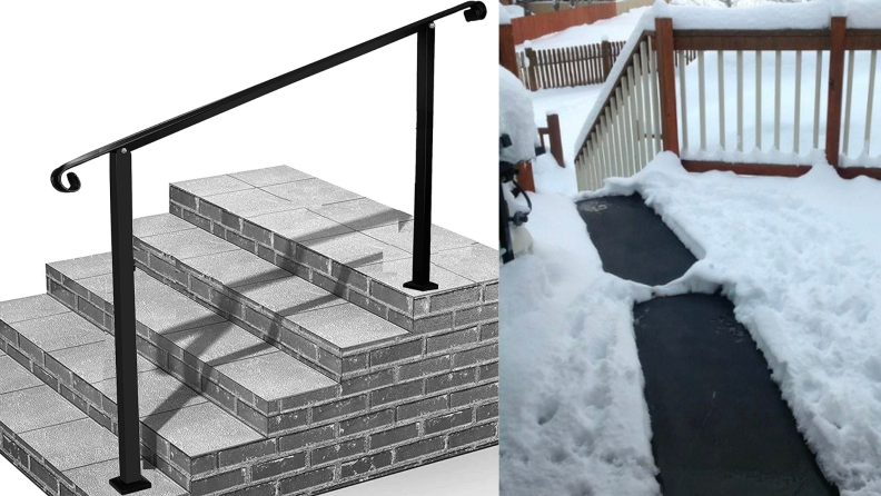 1) Close up of stair railing. 2) Heated mats on a snow-covered patio.