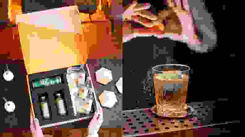 Left: A cardboard delivery box for this cocktail kit that includes the various mixers, natural juice blends, and garnish. Right: A bartender puts the finishing touches on a classy cocktail by squeezing an orange peel over the top.