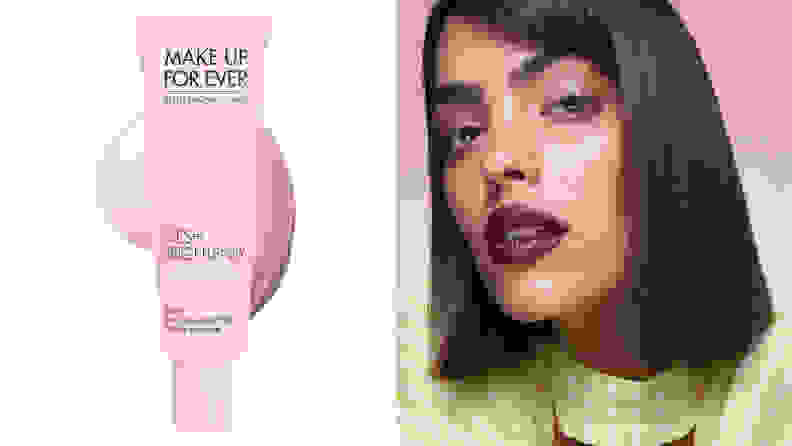 On the left: A pink tube of makeup primer. On the right: A person wearing makeup looking at the camera.