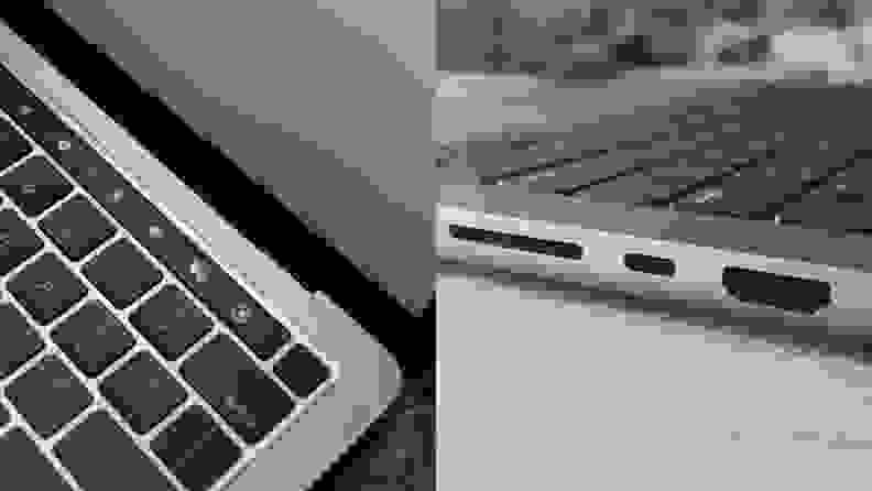 Close-up shots of both Macbook Pros, showing the touch bar and the USB, HDMI and the SD card slots and ports.