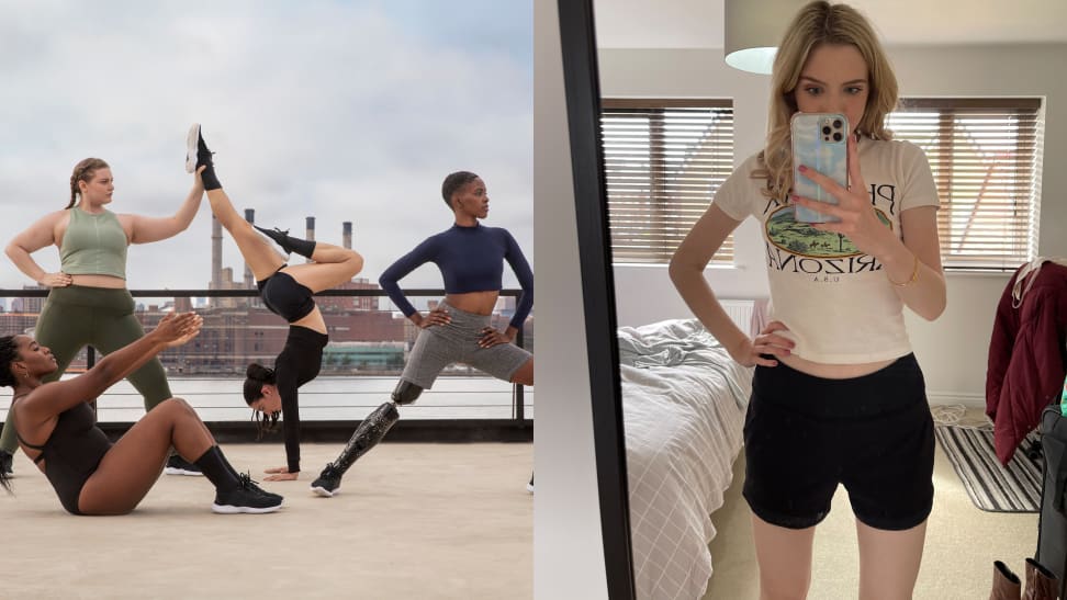 left: models wearing thinx activewear apparel right: woman wearing thinx training shorts