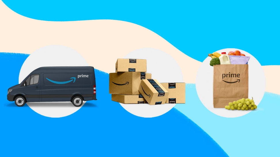 An Amazon Prime truck, some boxes, and a bag of groceries.
