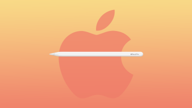 A white Apple Pro Pencil stylus in front of an orange Apple logo on a gradient background.