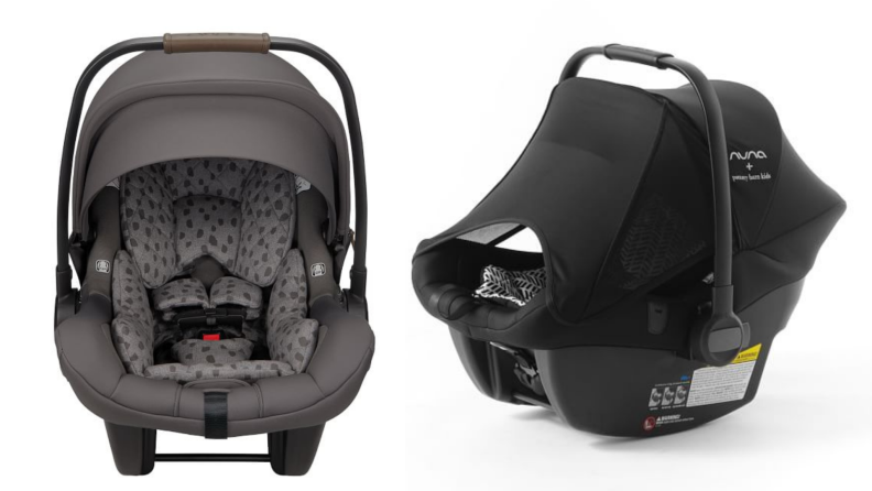 On left. gray car seat. On right, black car seat with sunlight visor pulled down
