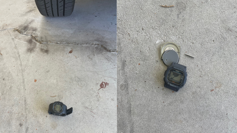 G-Shock DW5600E behind car wheel, DW5600E destroyed after being ran over by car