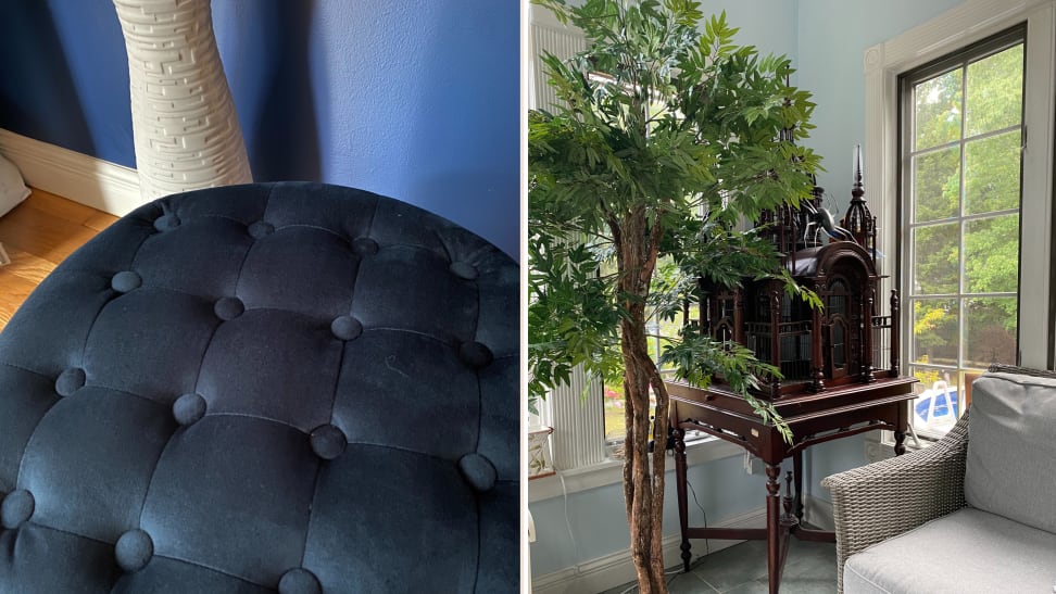 A split image of an ottoman and a silk tree from Walmart's Hayneedle line.