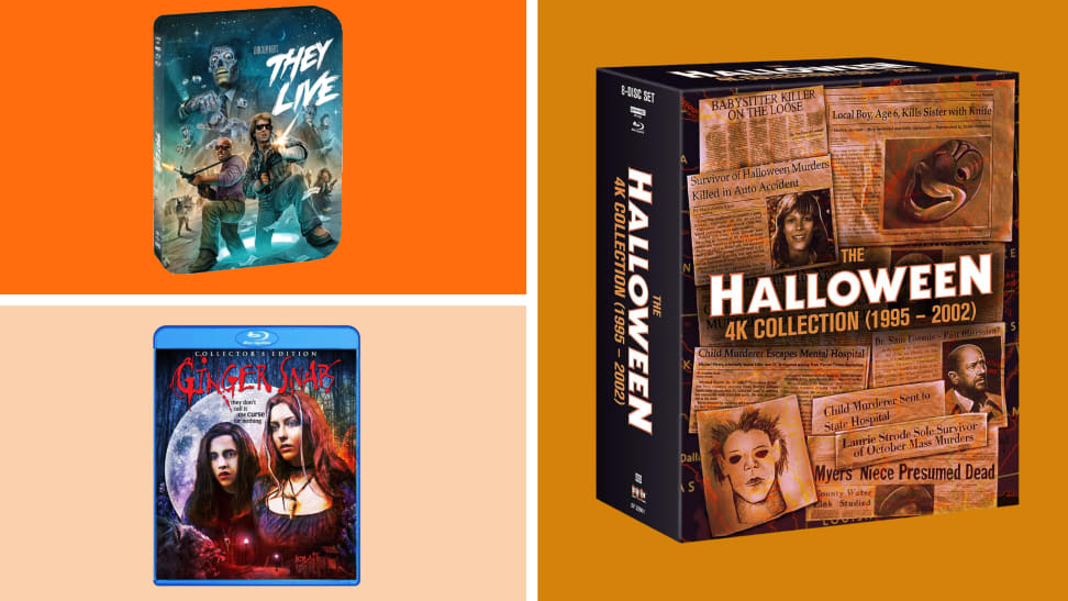 A collection of Scream Factory Blu-rays in front of colored backgrounds.