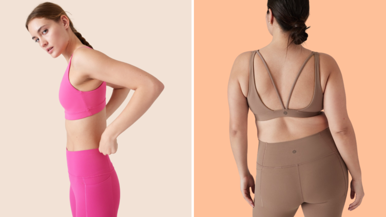 A pink sports bra and a brown one seen from behind.