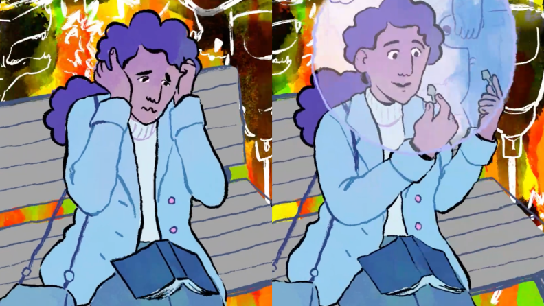 在left, cartoon being overstimulated in public. On right, cartoon using earbuds to calm herself.