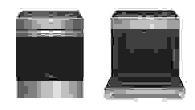 Left: A stainless steel gas range by Haier pictured with a closed door. Right: The same range, but with the door open.