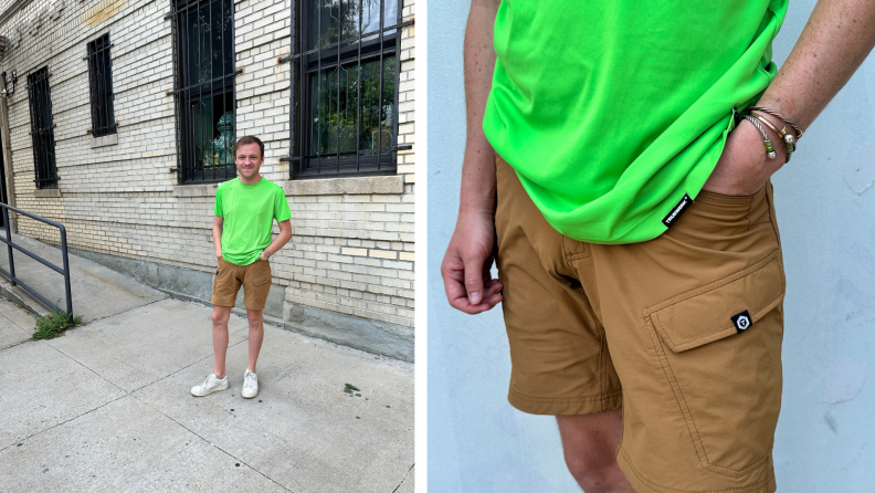 The tester wears khaki cargo shorts and a neon green T-shirt. There is also a detail shot where the author has his hand in his pocket.