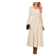 Product image of Wool-Blend Tie-Waist Pleated Sweater Dress