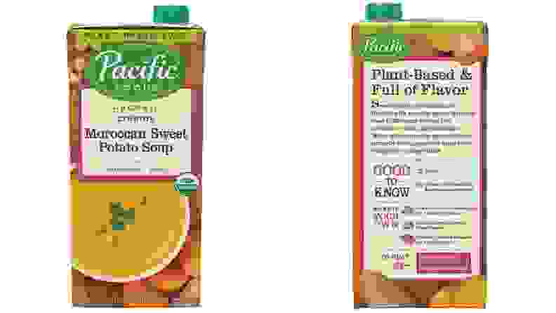 Packaging for Pacific Foods Moroccan Sweet Potato Soup offers a handful of enticing labels: vegan, USDA organic, 130 calories per serving.