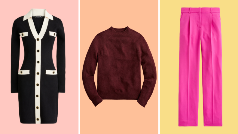 Collage of three plus size options: a black and white knit dress, a brown sweater, and a pair of pink pants.