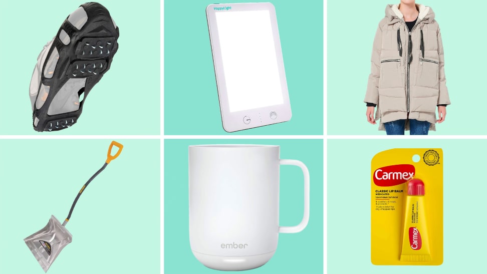 A grid of six images on a light green background, which include traction cleats, a snow shovel, a therapy lamp, a temperature-controlled mug, a down jacket, and a package of lip balm.