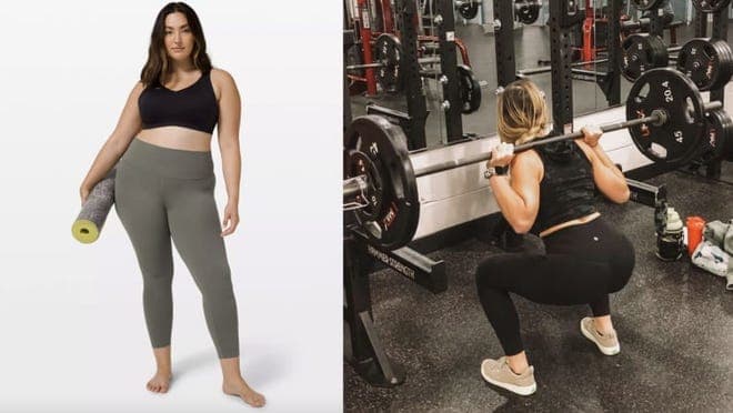 a person wearing align leggings next to a person doing a weighted squat in the leggings
