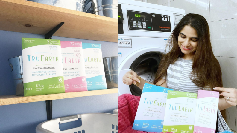 A woman holding laundry strips.