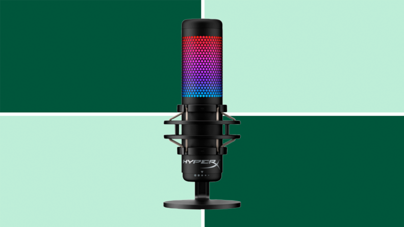 An image of an RGB-lit black microphone from HyperX in red, pink and blue.