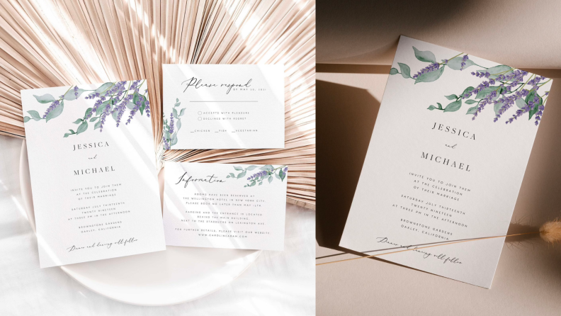 Two images of lavender-styled wedding invitations