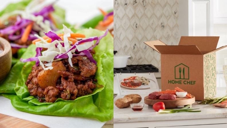 On the left, a lettuce roll wrapped meat with slaws is on display; on the right, a box of Home Chef meal kits is in a kitchen.