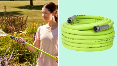 A woman using the Flexzilla Garden Hose next to the hose on a green background.