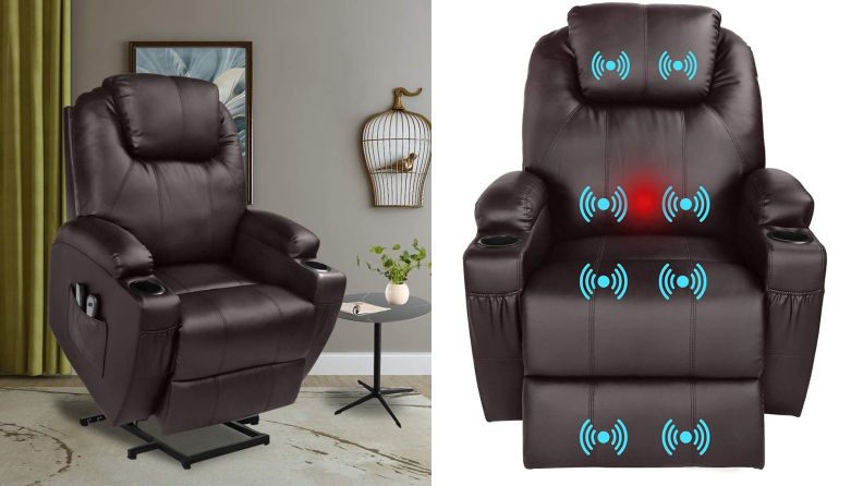 A U-MAX recliner in the seated position and with a diagram showing massage points.