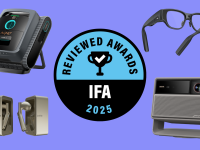 A pool robot cleaner, a pair of glasses, a projector, and a set of ear buds sit on a purple background surrounding a round award badge for IFA 2025