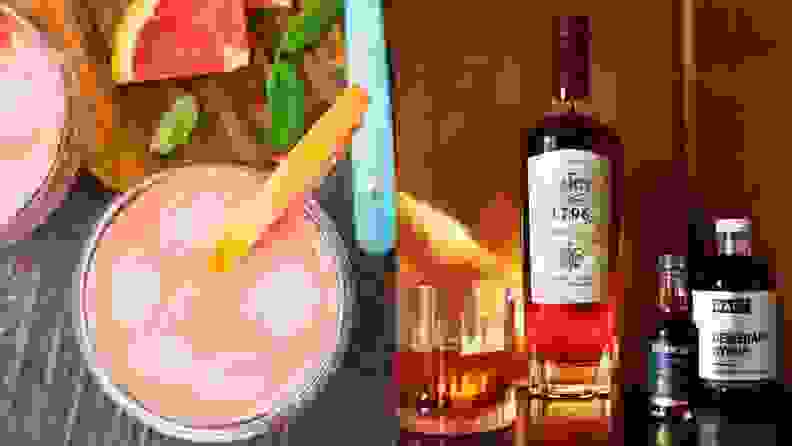 Left: Overhead photo of a cocktail garnished with a grapefruit wedge. Right: A large bottle of liqueur with a bottle of biters and a bottle of simple syrup.