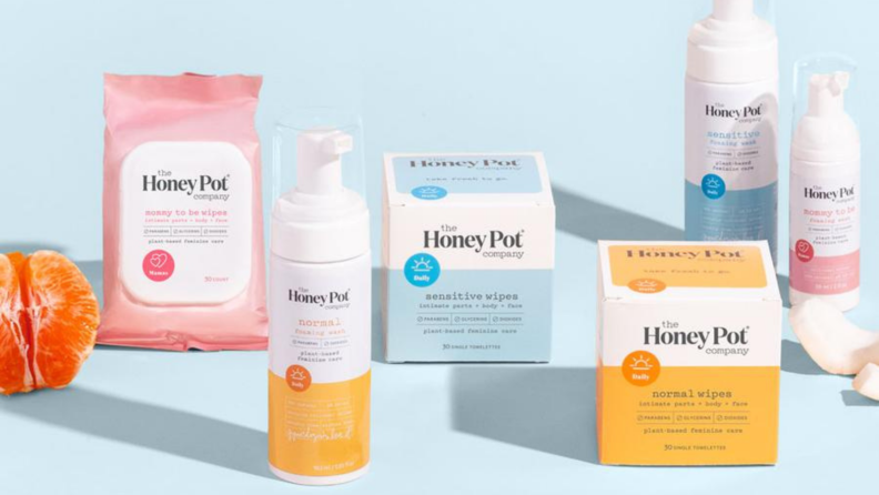the honey pot products, blue background