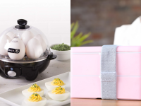 On the left, a black Dash egg cooker is on a kitchen counter. On the right, a pink bento box on a wood counter.