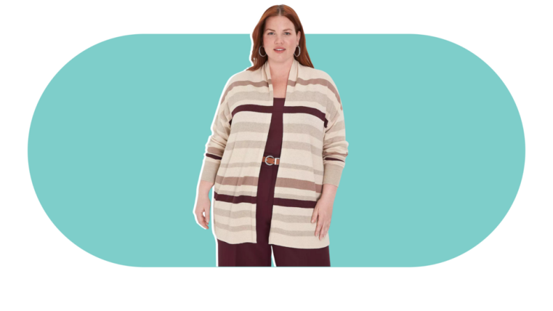 A beige cardigan with wide, brown horizontal stripes.