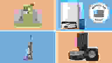 A collection of different vacuums with the Memorial Day Reviewed badge in front of colored backgrounds.