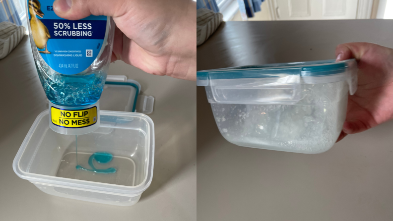 Dishwashing soap being squeezed into a plastic container and then being shaken up.