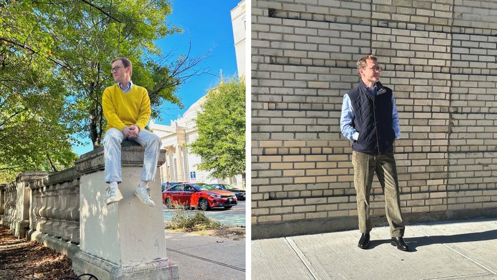 At left, the author wearing a yellow sweater with jeans sitting atop a column, and on the right he can be seen wearing olive pants, a blue vest, and a blue shirt.