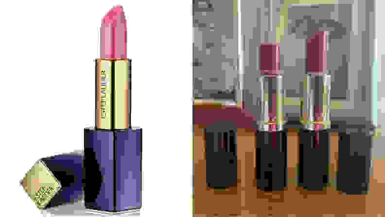 On the left: A tube of Estée Lauder lipstick. On the right: Two tubes of lipstick stand next to each other on a dresser.