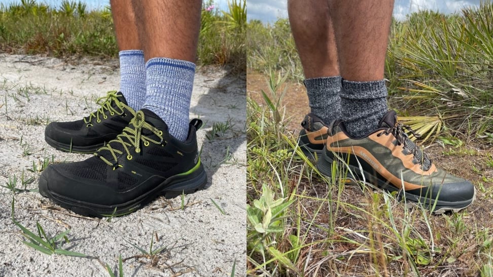 man in blue socks wearing black and lime Jack Wolfskin Force Striker shoes, man in grey socks wearing green and tan Merrell Moab Speed shoes