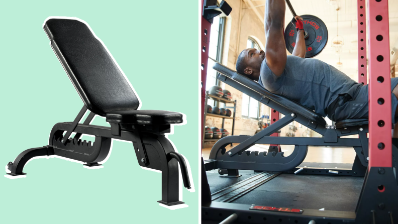 On left, black adjustable fitness bench from Ethos. On right, person laying on workout bench while lifting weights in gym.