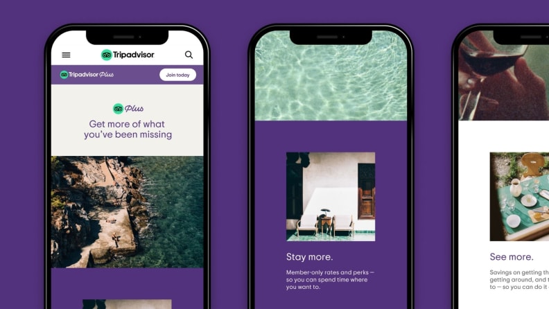 Mobile phones displaying the Tripadvisor Plus app are aligned on a purple background