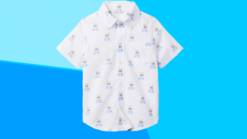 Children's printed white button up shirt.