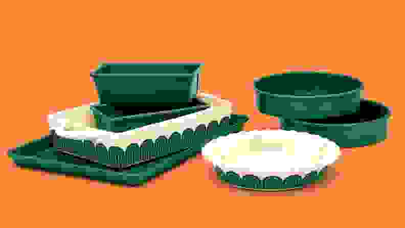The 7-piece Great Jones bakeware set, "Fully Baked," is available in "Broccoli" and "Blueberry."