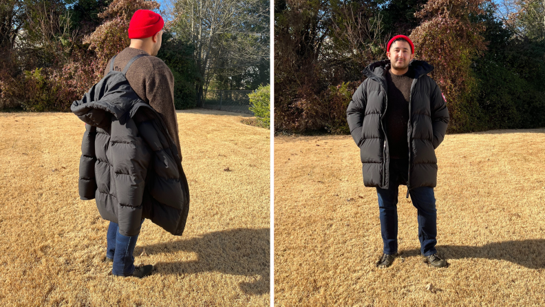 Two shots of the author wearing a black puffer coat. In one photograph, the author wears the puffer coat via its interior backpack straps.