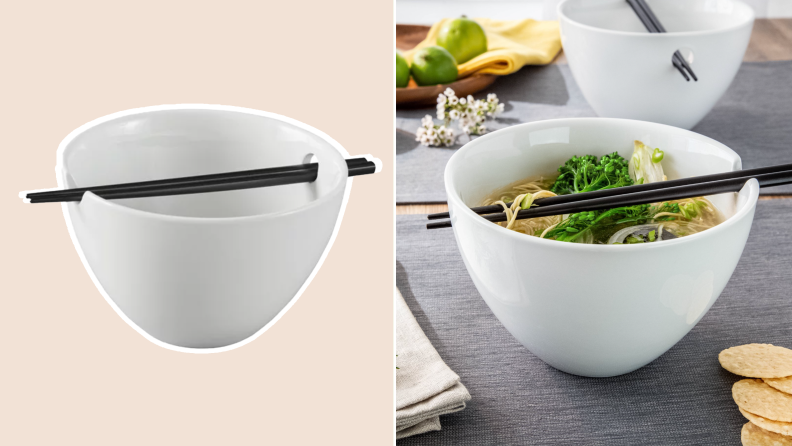 On left, white ramen bowl with chopsticks on top. On right, white ramen bowl with noodles and broth inside.