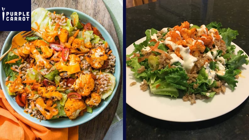 Left: A professional top-down photo of a grain bowl topped with veggies, all in a light blue bowl with an orange napkin underneath. Right: A photo taken in someone's home of the same grain bowl served on top of a large bed of lettuce and a white plate.