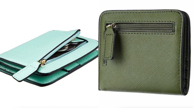 On left, teal leather bi-fold wallet. On right, olive green leather bi-fold wallet.