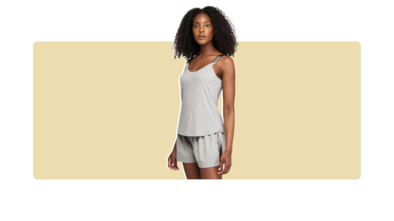 A gray matching pajama set with a camisole and shorts.