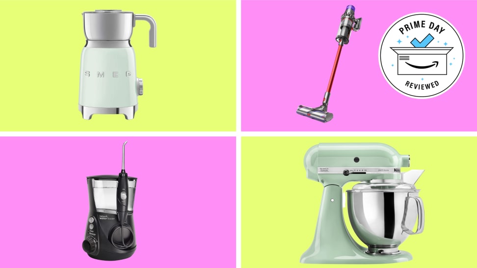 Images of Smeg milk frother, Dyson vacuum, Waterpik, and KitchenAid stand mixer on colorful background
