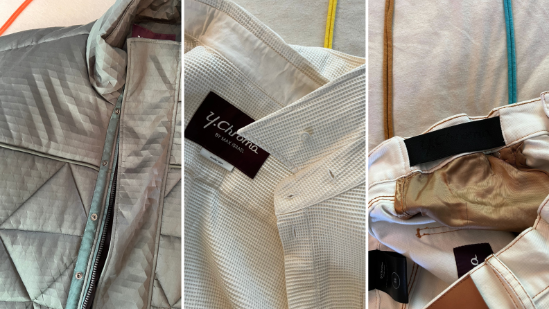 Close-up of Y.Chroma’s Mazarin pyramid impressed fabric, a discrete collar button, and hidden elastic inside a pair of jeans.