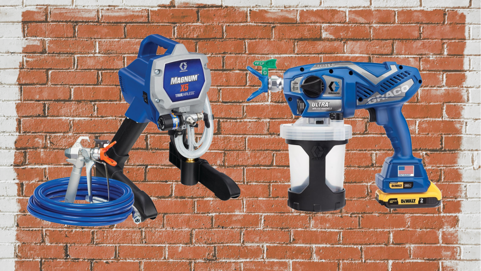 Two Graco paint sprayers on a half-painted brick background